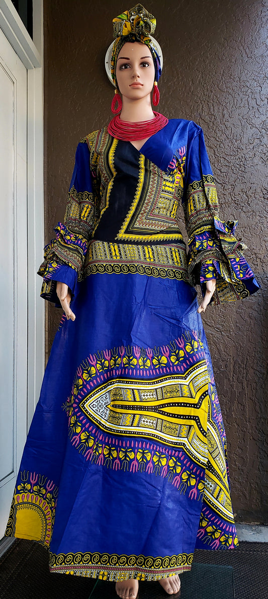 #70 Traditional  Woman Long Wrap Dress -  Royal  Blue Dashiki