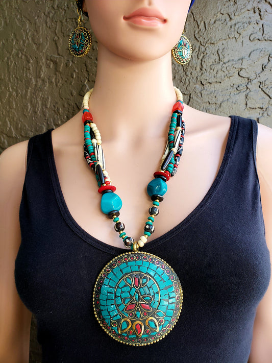 Teal Natural Stone Necklace & Earrings Set