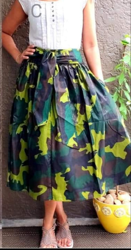 300 - Woman Mid Length Camouflage Maxi Skirt- Green