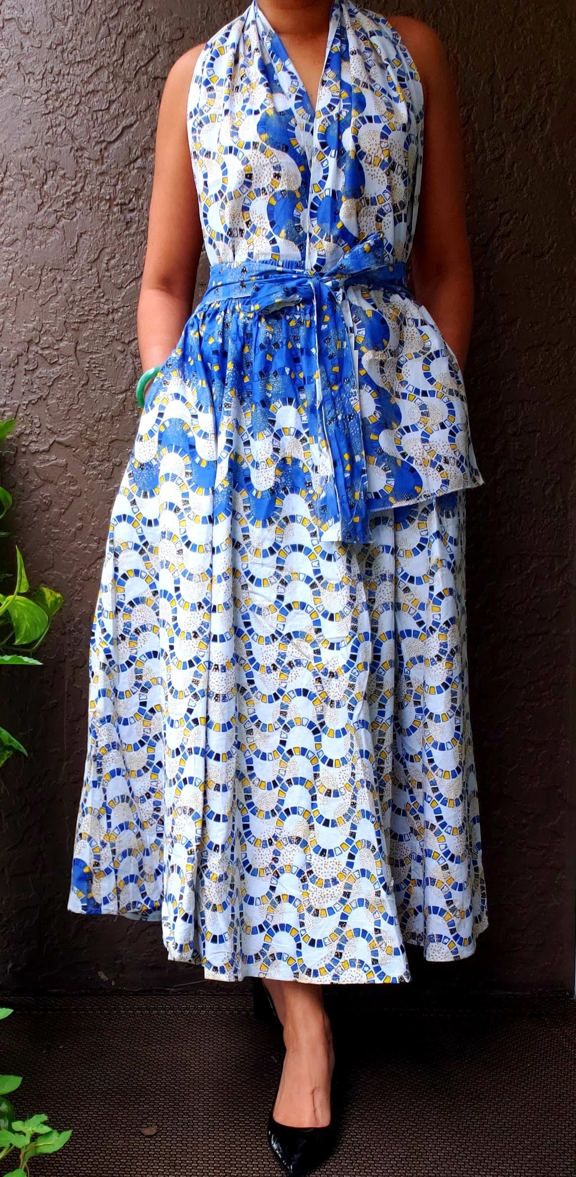 1003 Women Long Printed Skirt - White/Blue