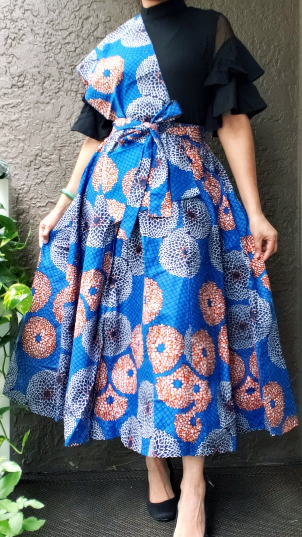 1003 Women Long Printed Skirt - Blue/ Orange
