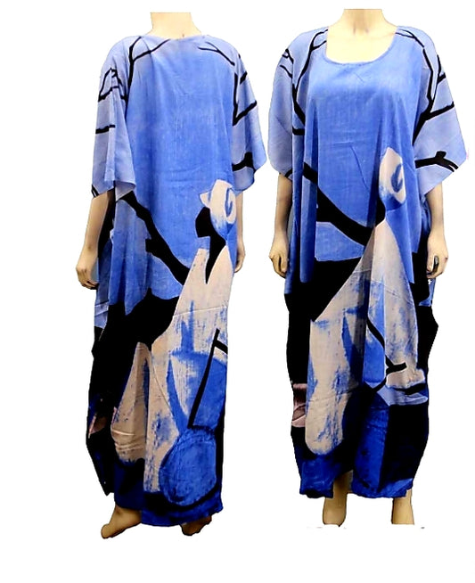 1367- Women Tribal Hand Painted Kaftan Dress- Blue