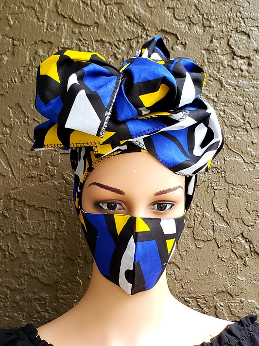 Matching  Mask-Headwrap Set -Blue Tribal