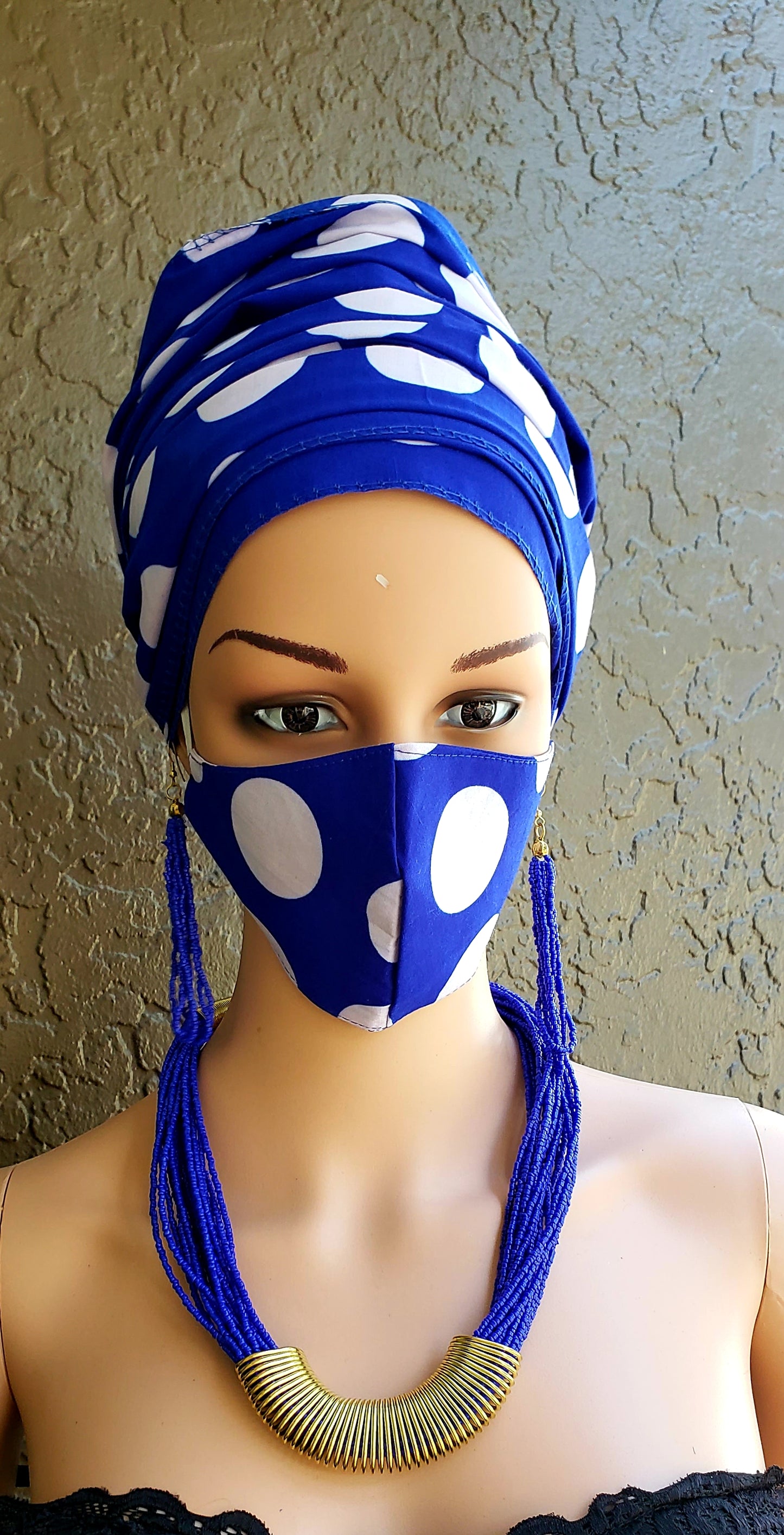 Matching  Mask-Headwrap Set - Blue Polkadot