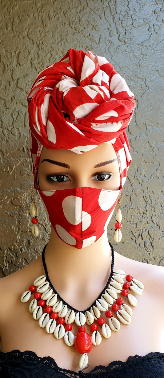 Matching  Mask-Headwrap Set -White/Red