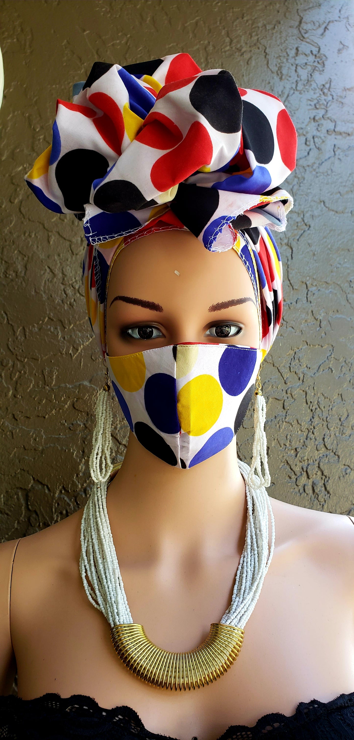 Matching  Mask-Headwrap Set - Multi Polkadot