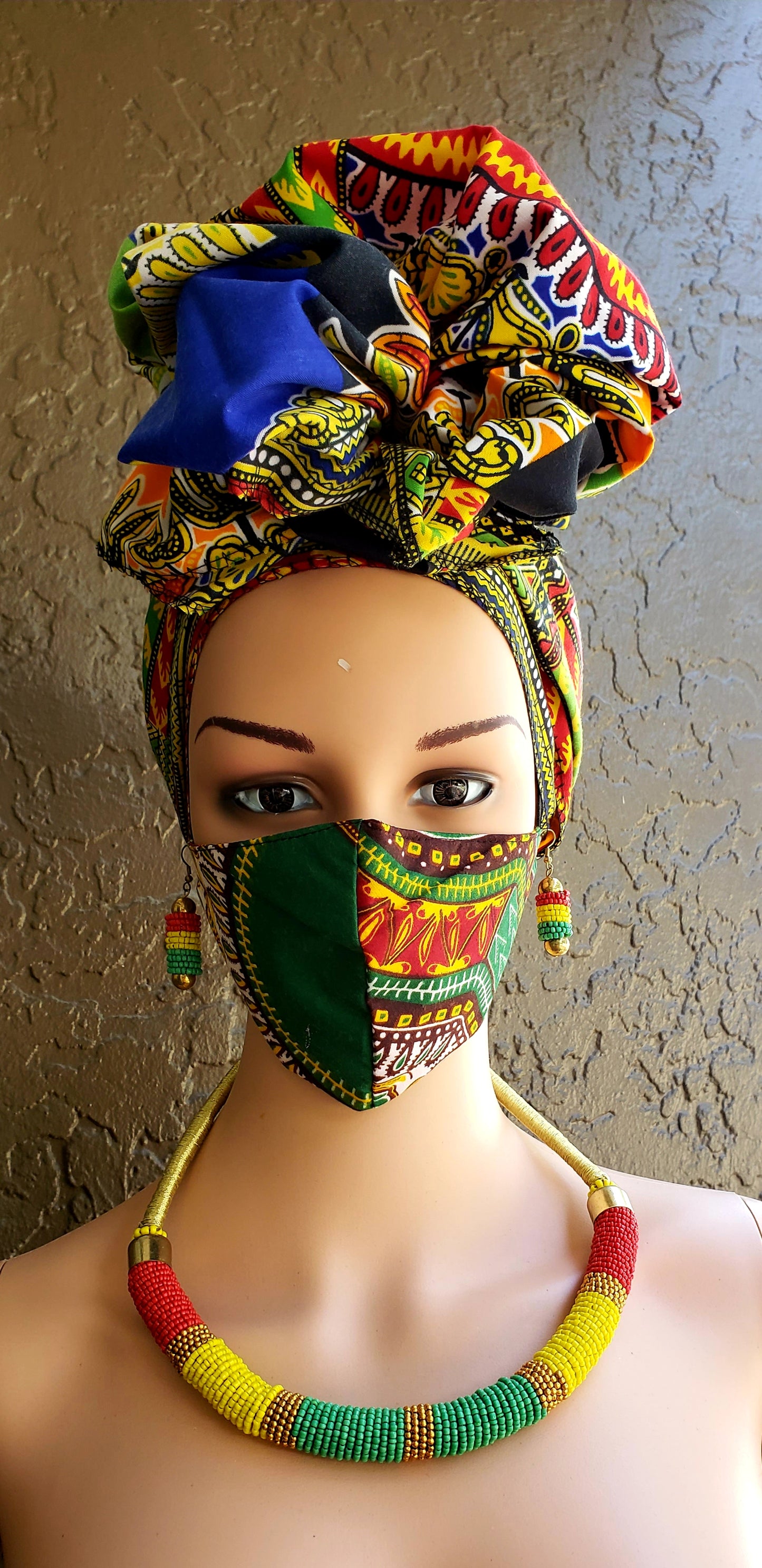 Matching  Mask-Headwrap Set - Multi Dashiki