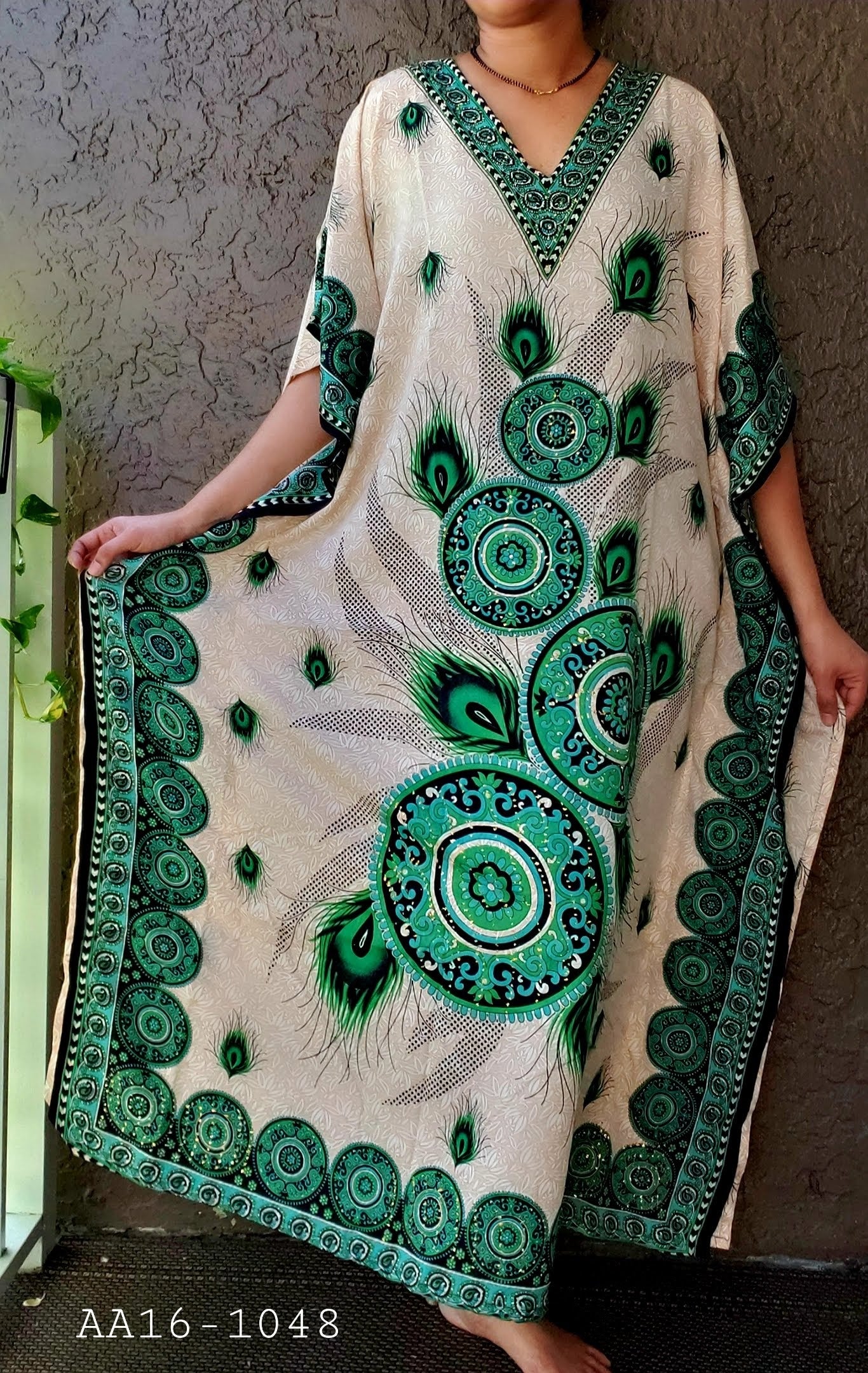 Women Peacock Print/ Sequin Embellished Kaftan Dress