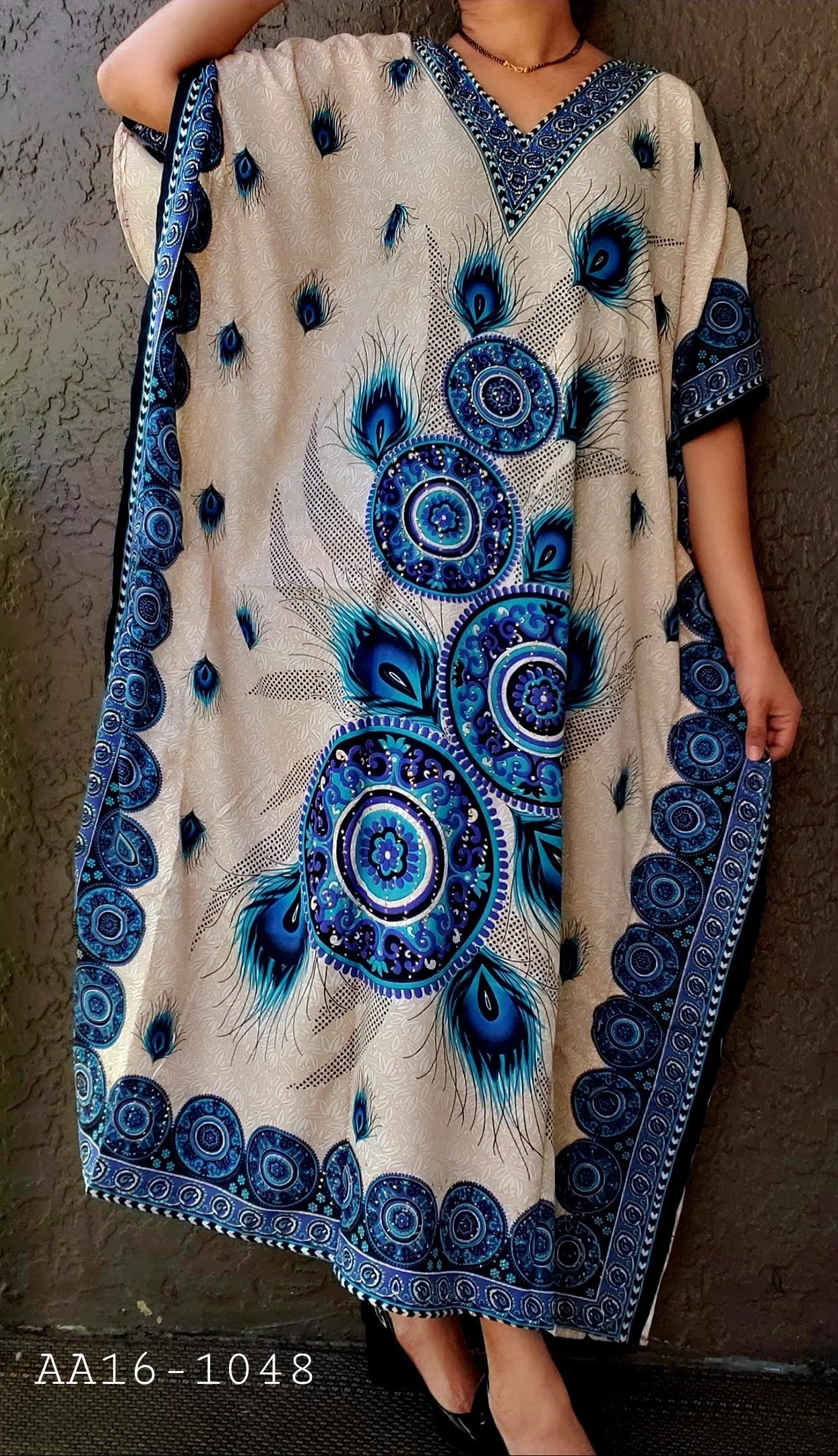 Women Peacock Print/ Sequin Embellished Kaftan Dress