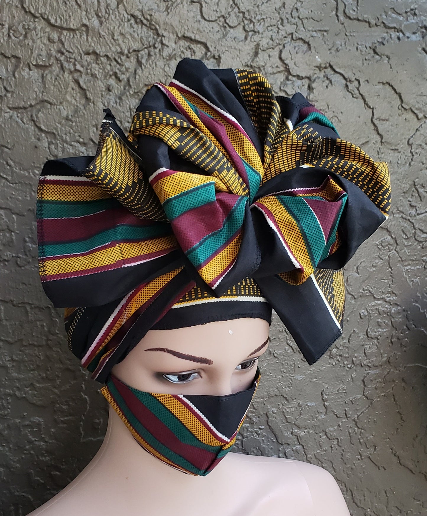 Matching  Mask-Headwrap Set - Black /Striped