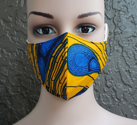 Cotton Printed Mask-  Blue/ Gold Peacock