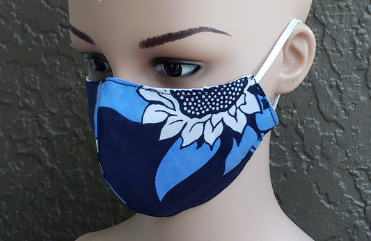 Cotton Printed Mask-  Blue/White Sunflower