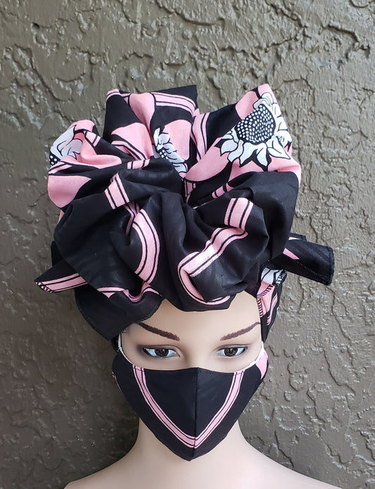 Headwrap/ Shawl / Mask Set - Black/Pink Sunflower