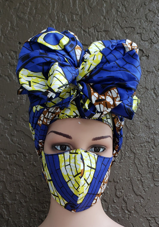 Matching  Mask-Headwrap Set - Blue/yellow