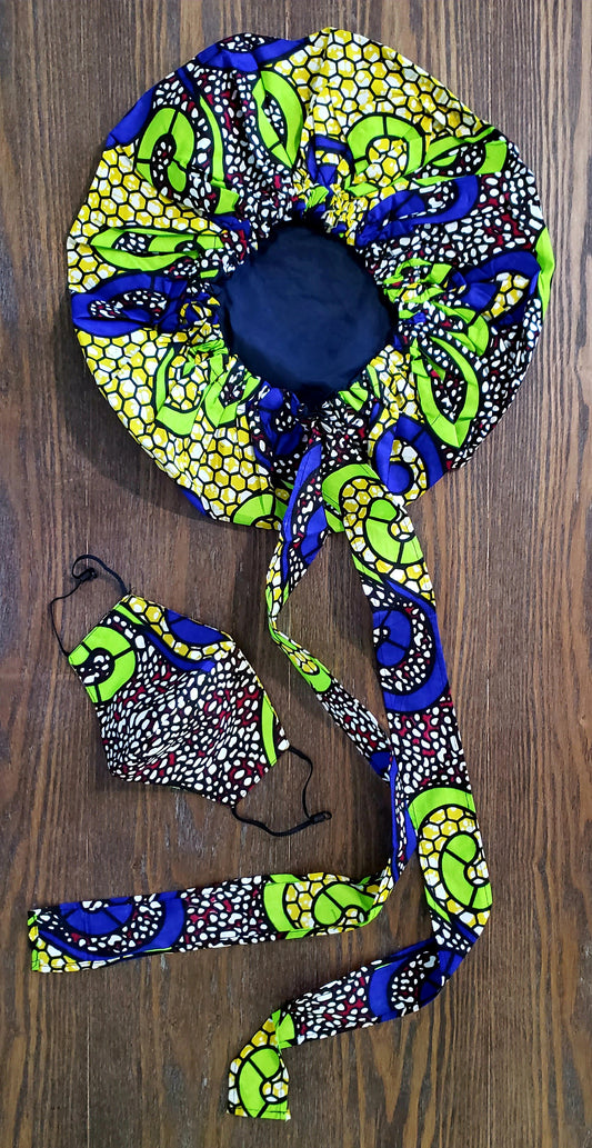 African Satin Lined Hair Bonnet/Headwrap & Mask Set
