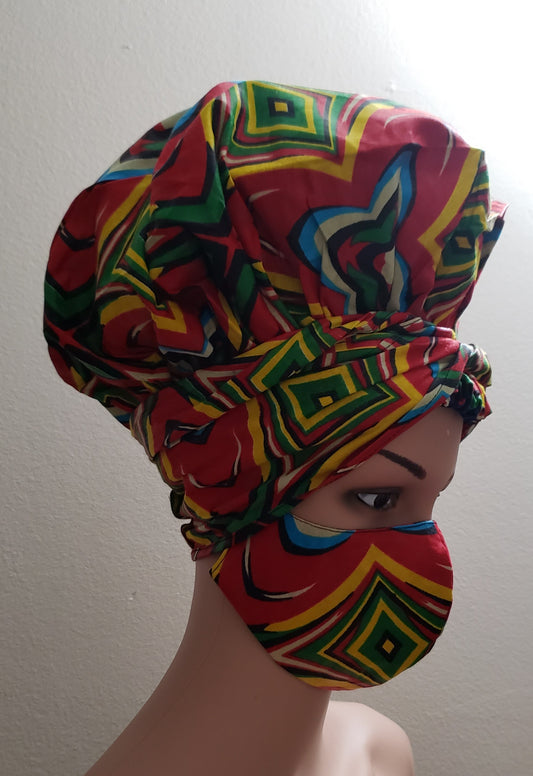 African Satin Lined Hair Bonnet/Headwrap /Head Band/Mask Set - Green/Fuchsia