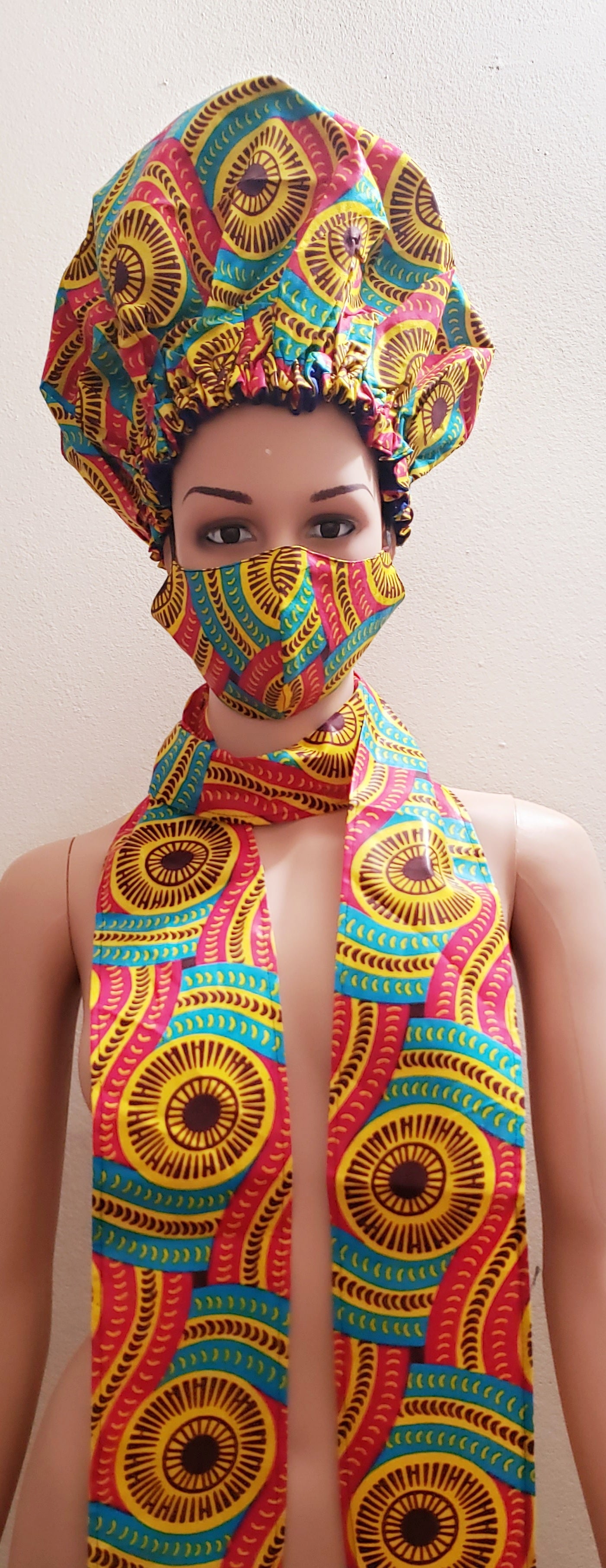 African Satin Lined Hair Bonnet/Headwrap /Head Band/Mask Set