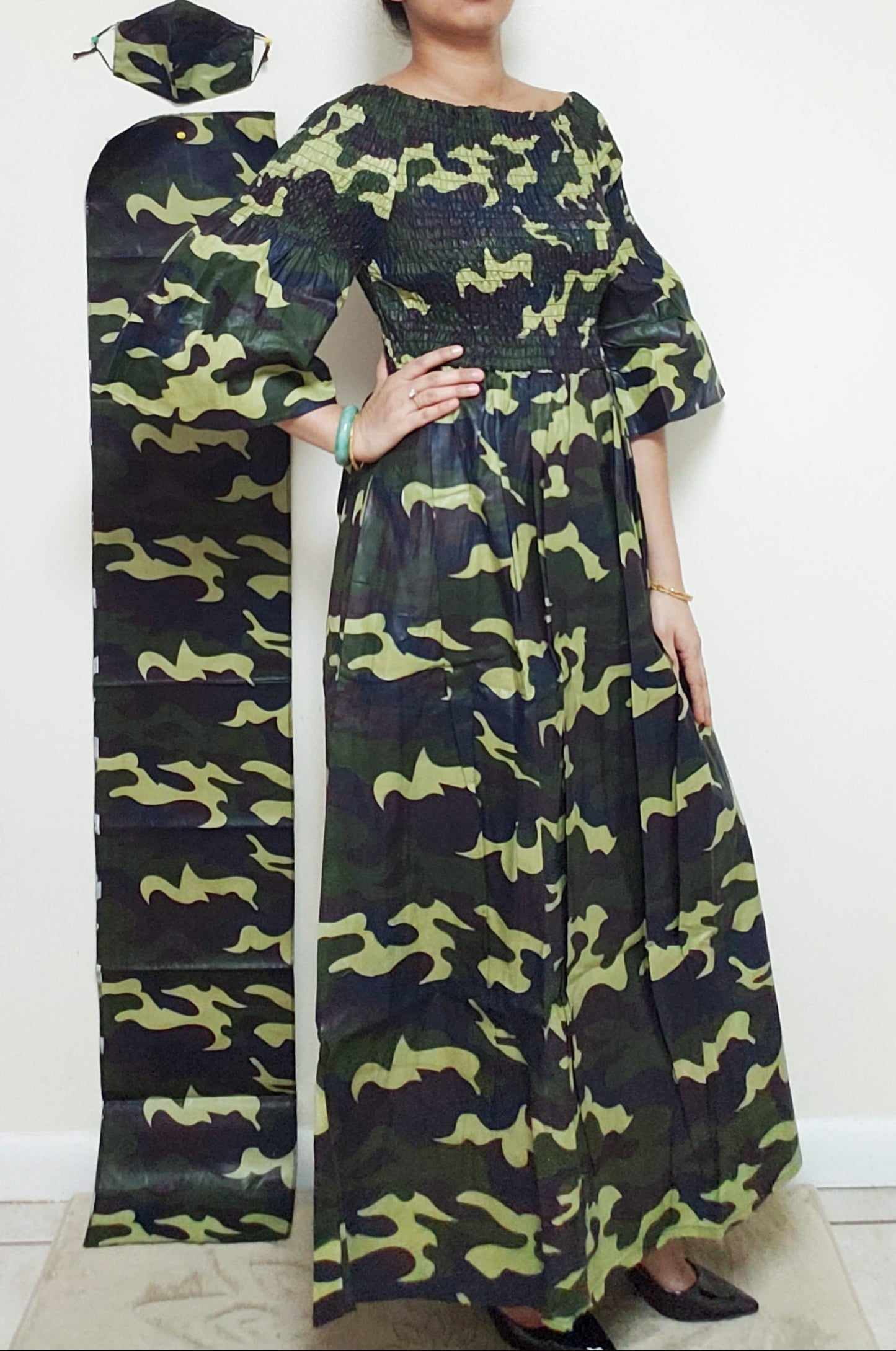024 Women Long Smocked Dress/3 Piece Set- Camouflage