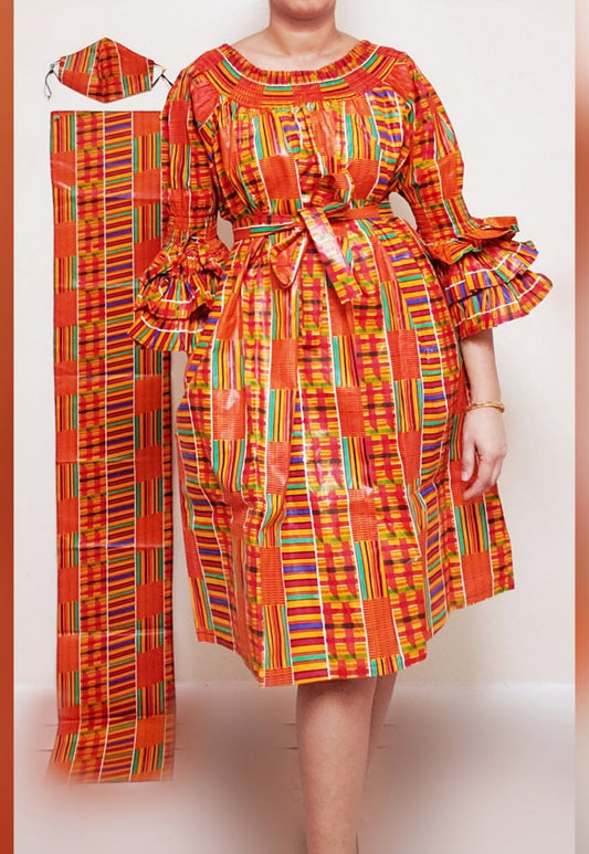 018- Women Middi Off Shoulder African Kente Dress/ 3 Piece Set- Orange