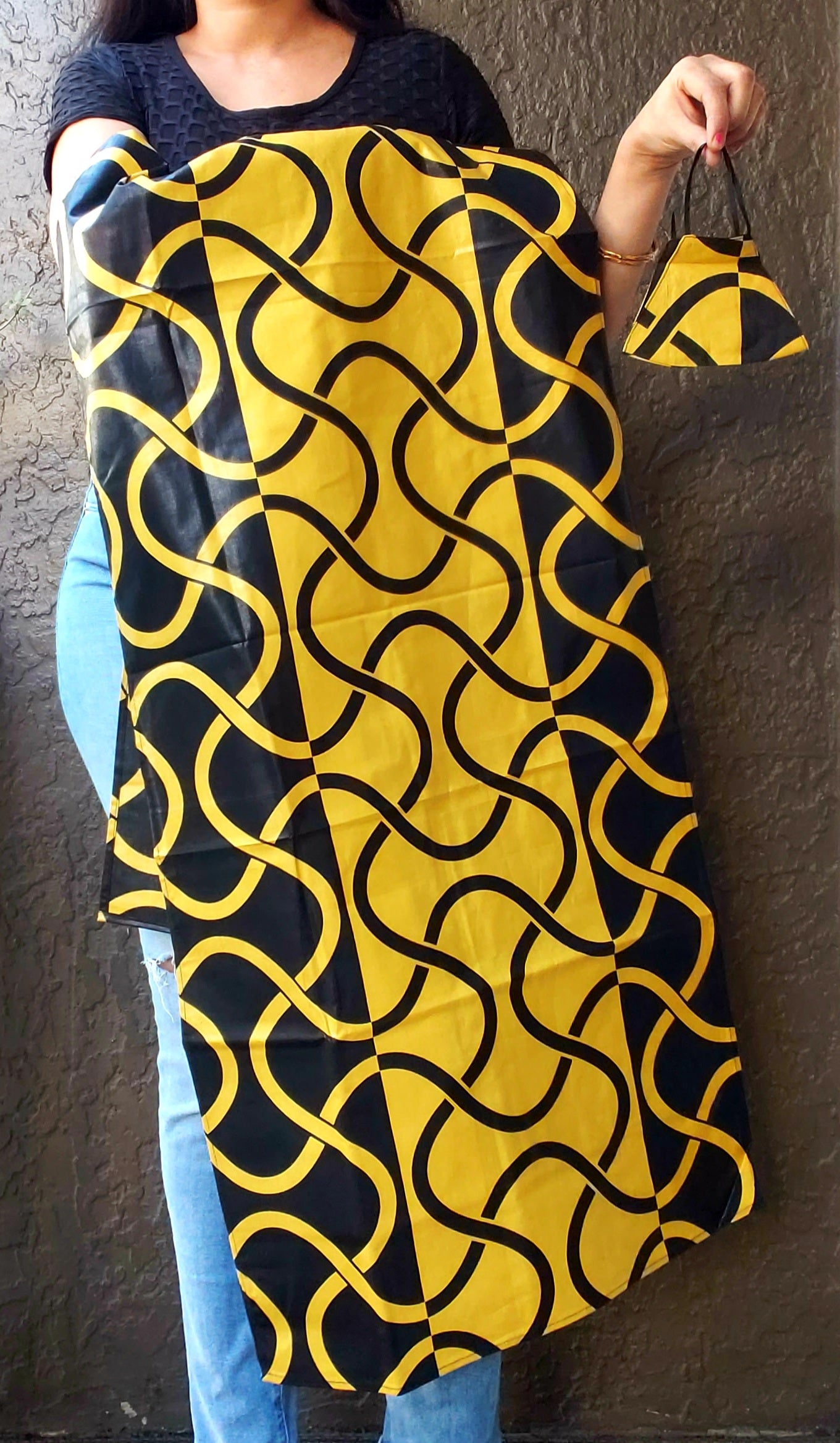 African Shawl/ Headscarf With Matching Mask- Black/Gold