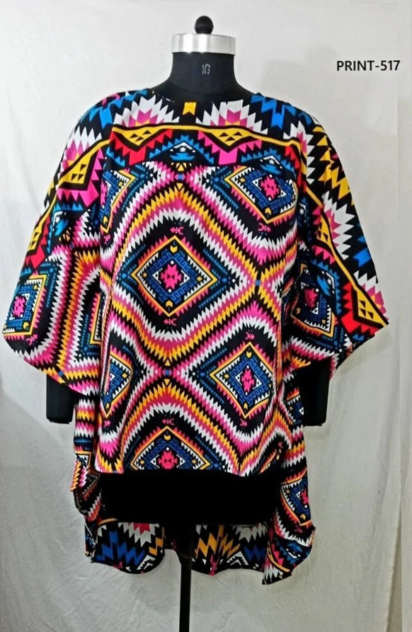 7551 - African Print High Low Poncho Blouse