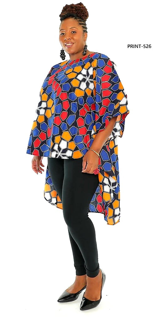 7551 - African Print High Low Poncho Blouse