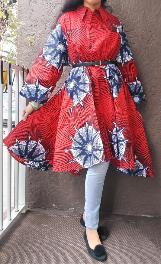 Swing Dress/ Button Down Shirt Dress/Printed/ Red/Blue-16666
