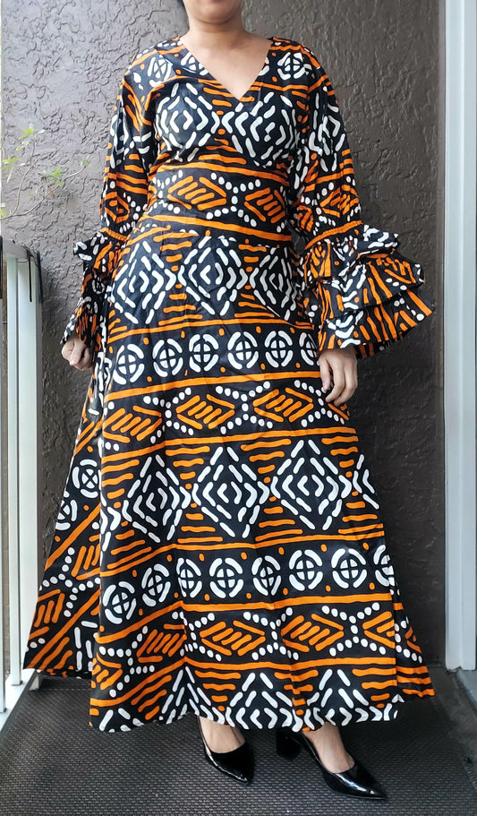 70-Woman's Long African Print Wrap Dress- Tribal Diamond