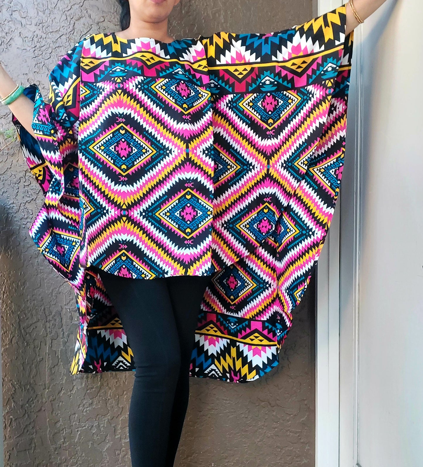 7551 African Print High Low Poncho Blouse- Pink