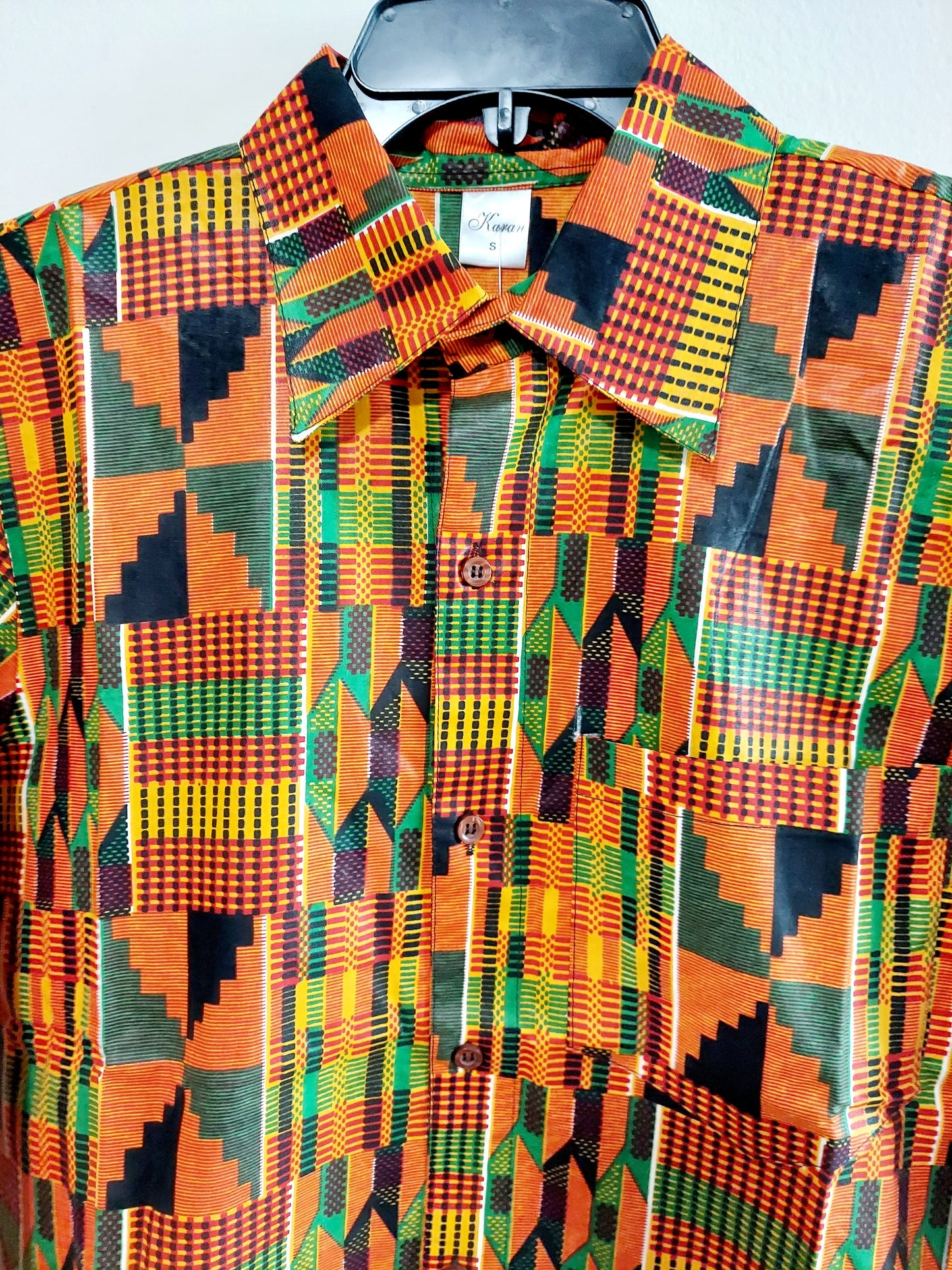 Men African Print Button Down Shirt/ Long Sleeve- Yellow Kente