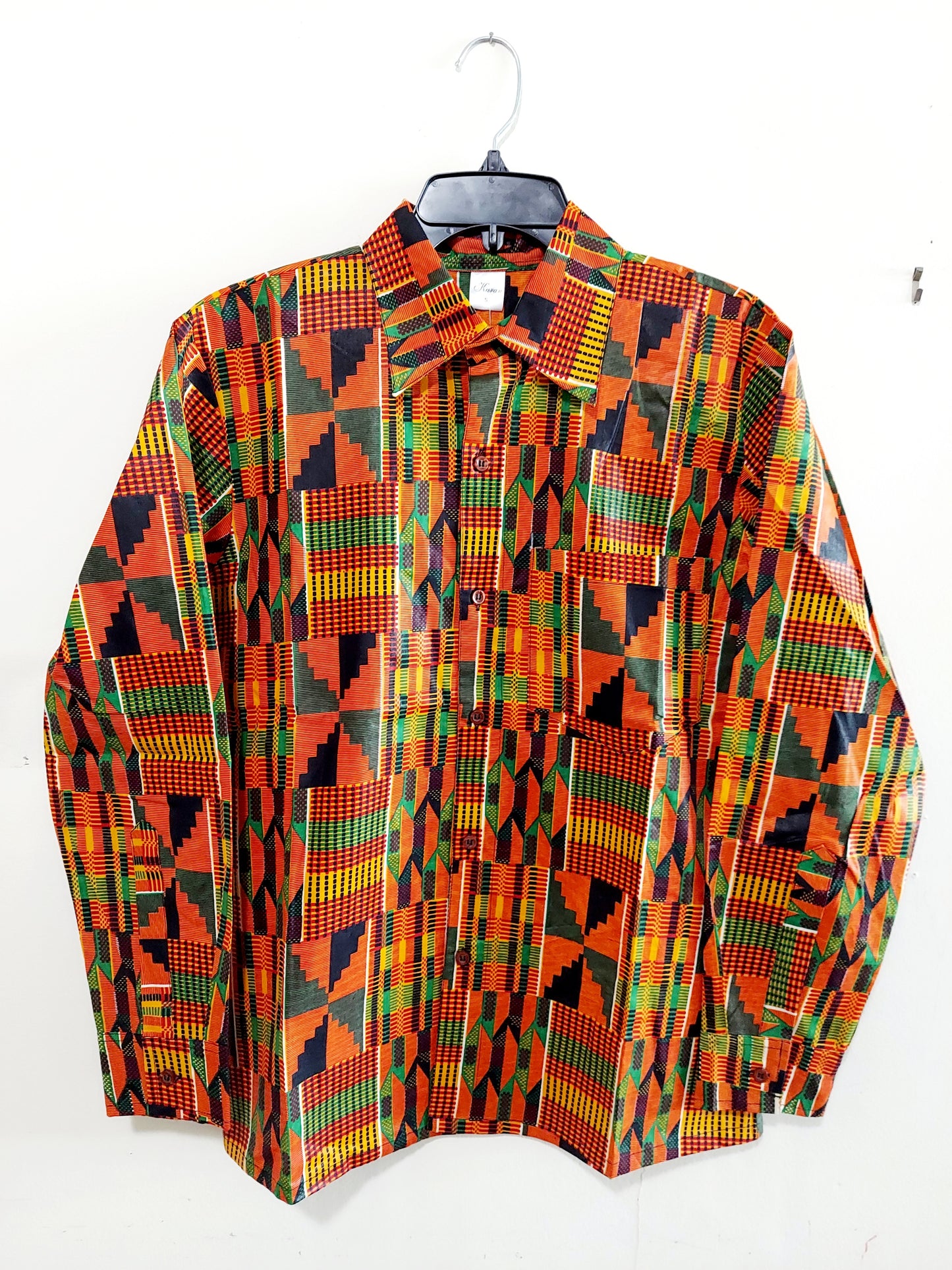 Men African Print Button Down Shirt/ Long Sleeve- Orange Kente- KSH65