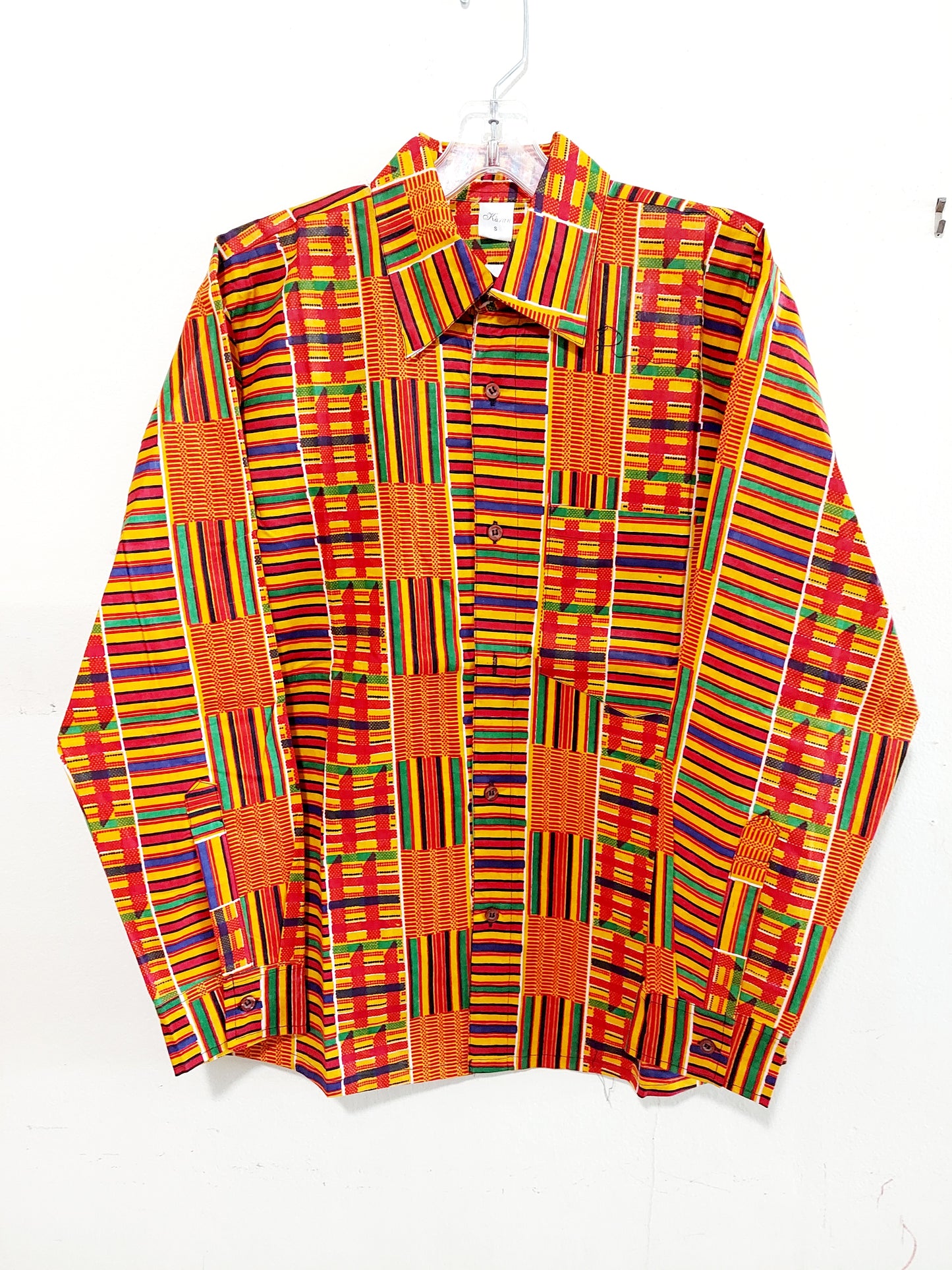 Men African Print Button Down Shirt/ Long Sleeve- Orange Kente- KSH65