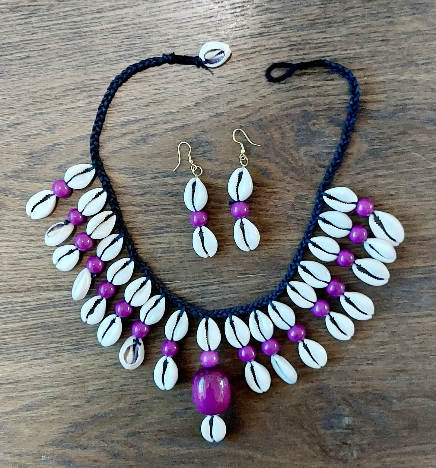 Cowrie Shell Necklace/ Earring Set- Purple