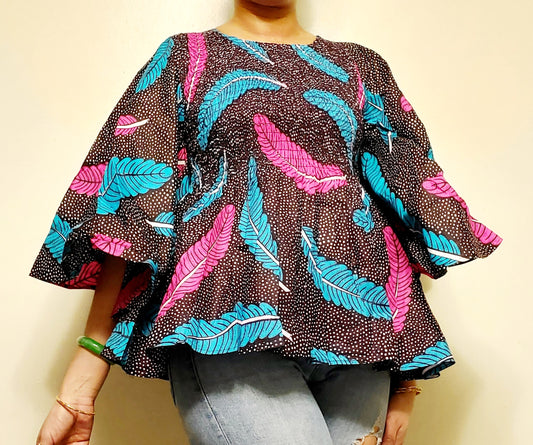 19 Ladie's African Print Smock & Flare Blouse- Brown/Feathers