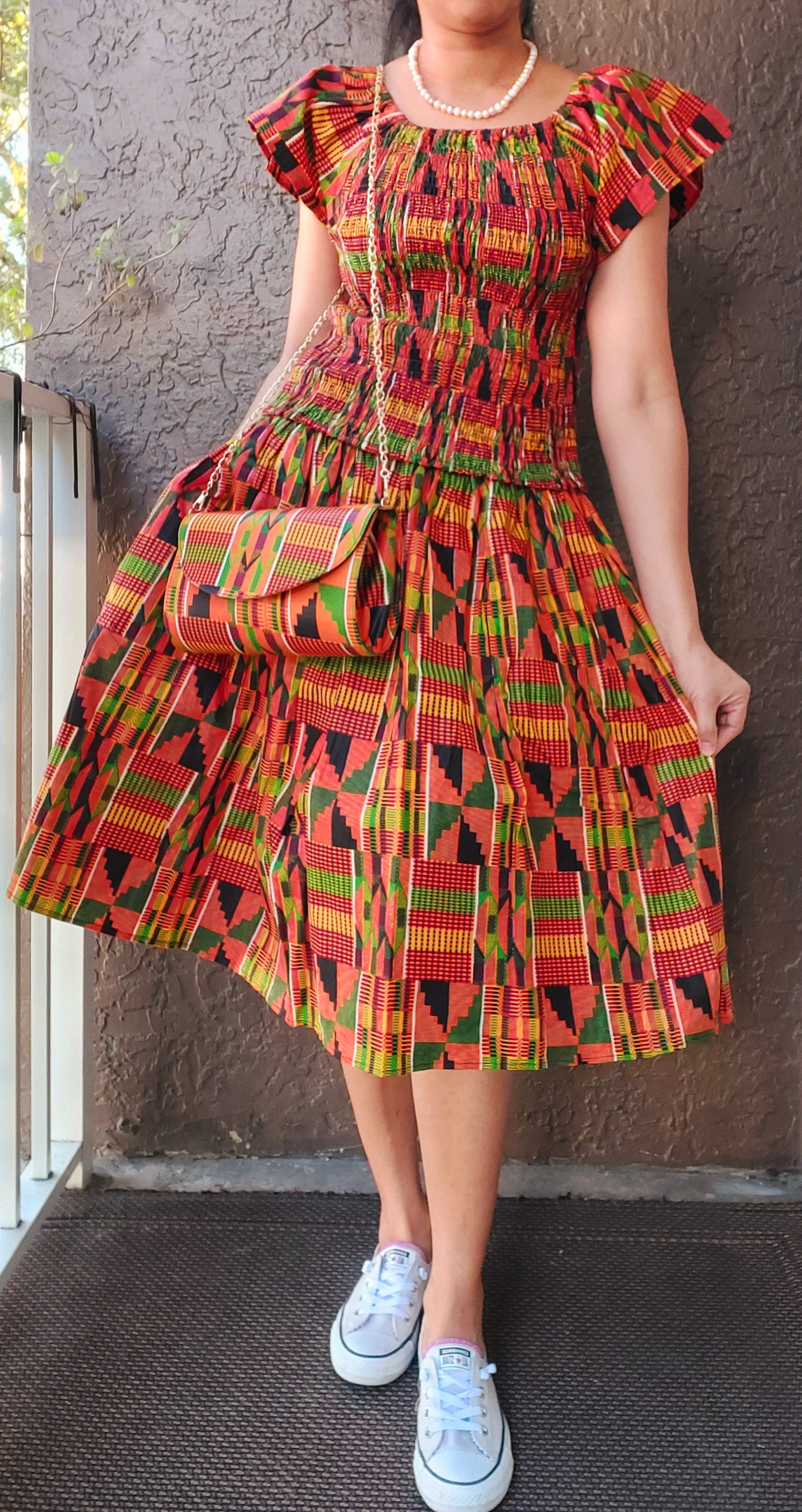 African Print Mid Length Skirt |Blouse|Scarf|Mask Set- Orange kente