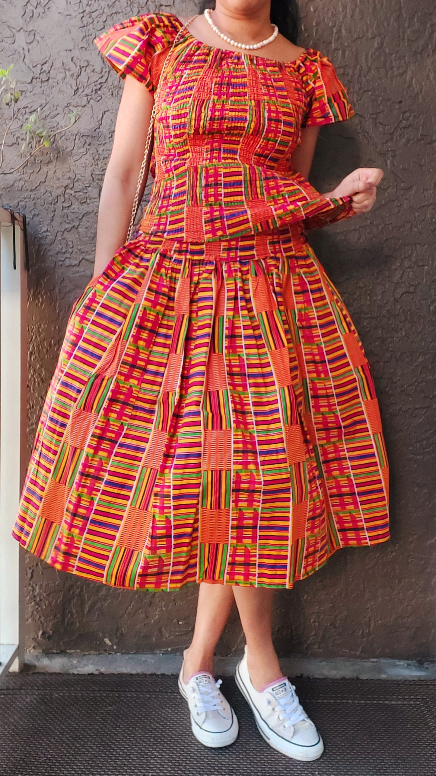 African Print Mid Length Skirt |Blouse|Scarf|Mask Set- Yellow kente