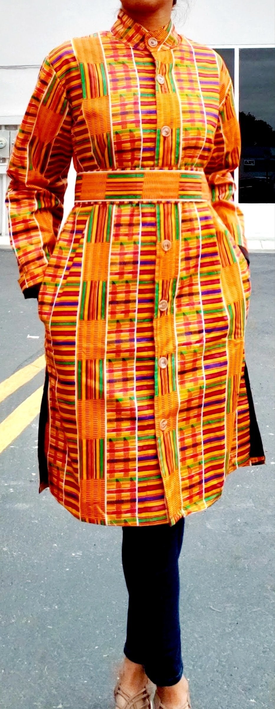 Button Down Dress Coat- Traditional African  Kente- 440