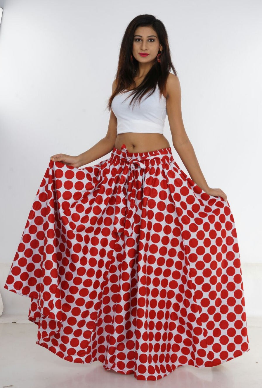 7001 Women Long Maxi Skirt- Red/ white Polkadot