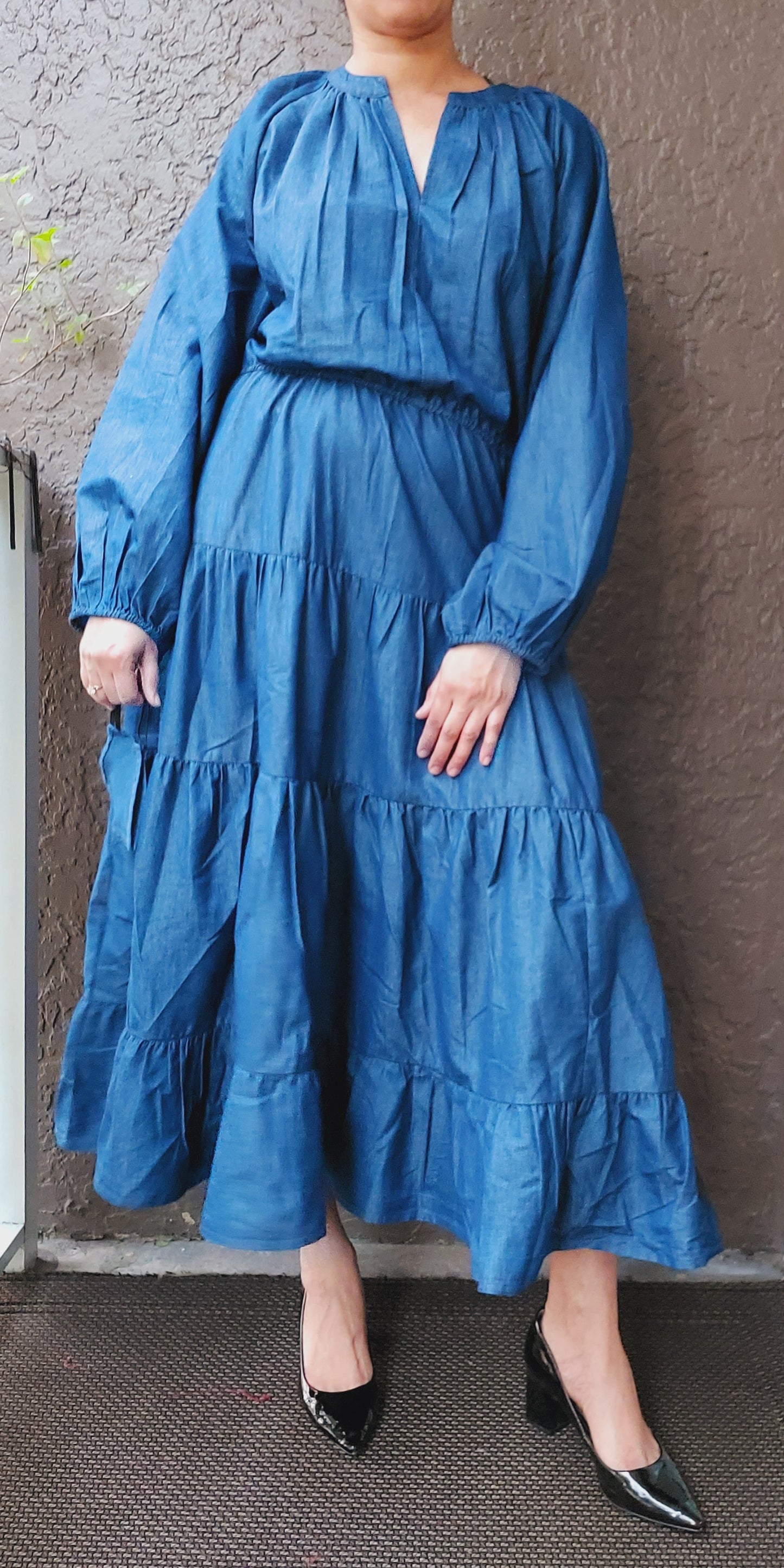 Women Denim Long Tiered Dress - Indigo Blue
