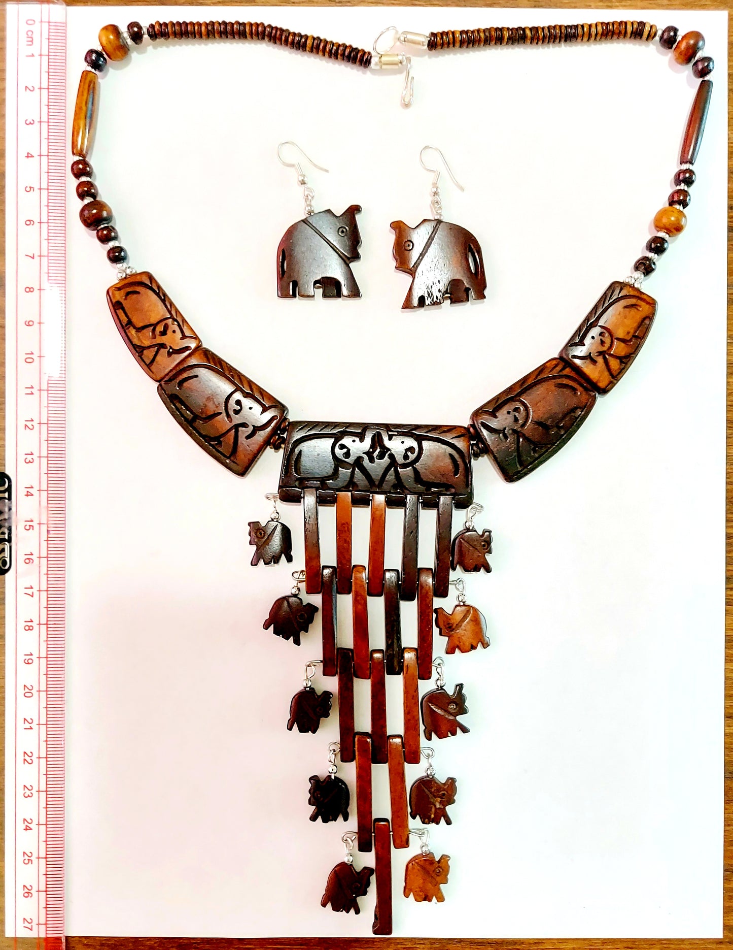Natural Carved Wood Necklace & Earrings Set- Elephant