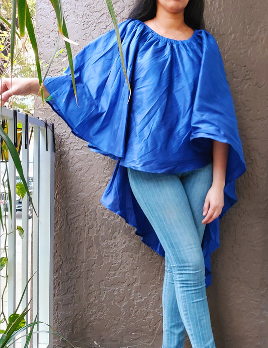 Poncho Blouse /Hi Lo Skirt/ Milti Wearable/ Solid- Royal Blue- 702