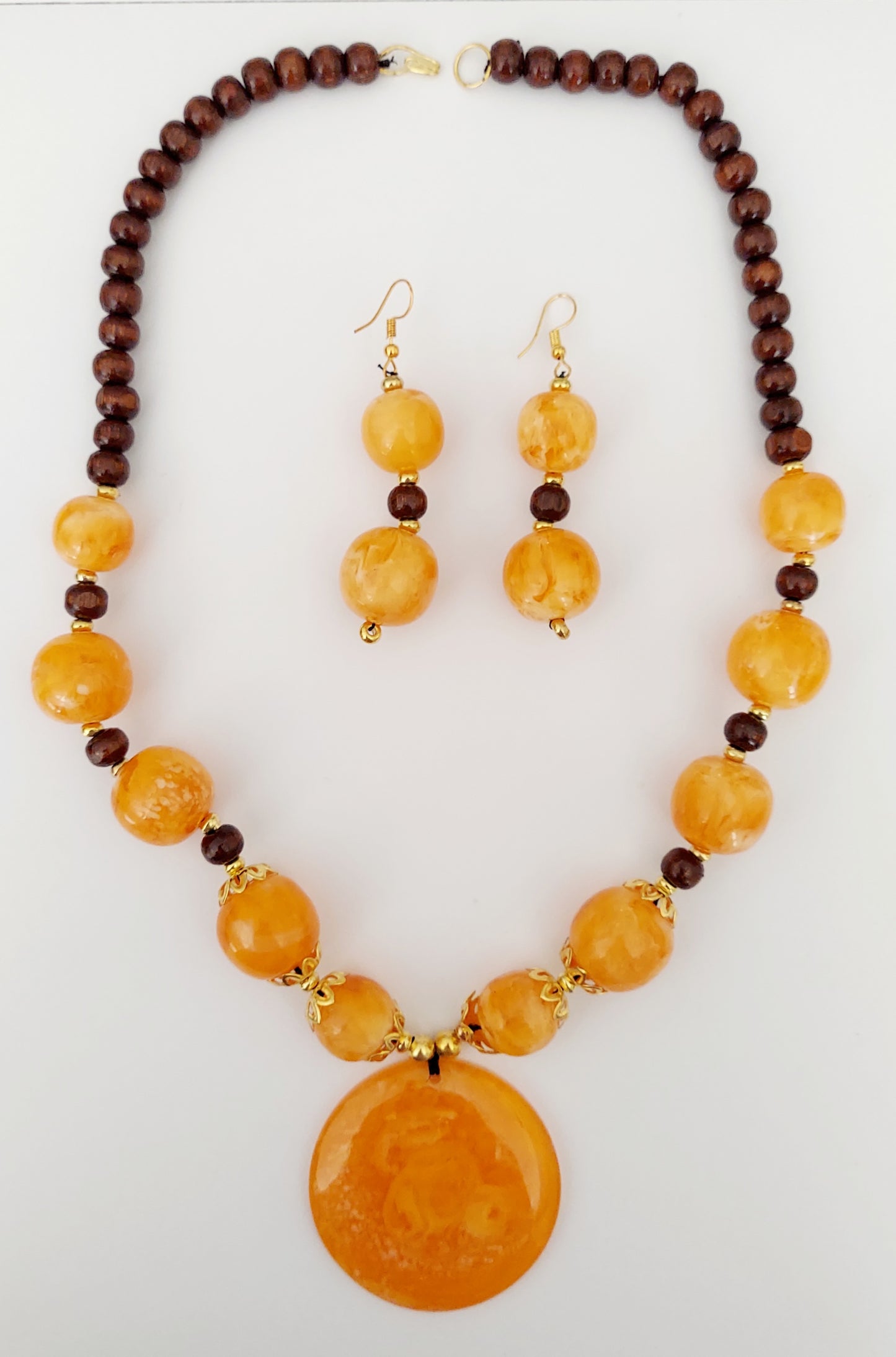 Long  Pendant Necklace & Earrings Set- Orange