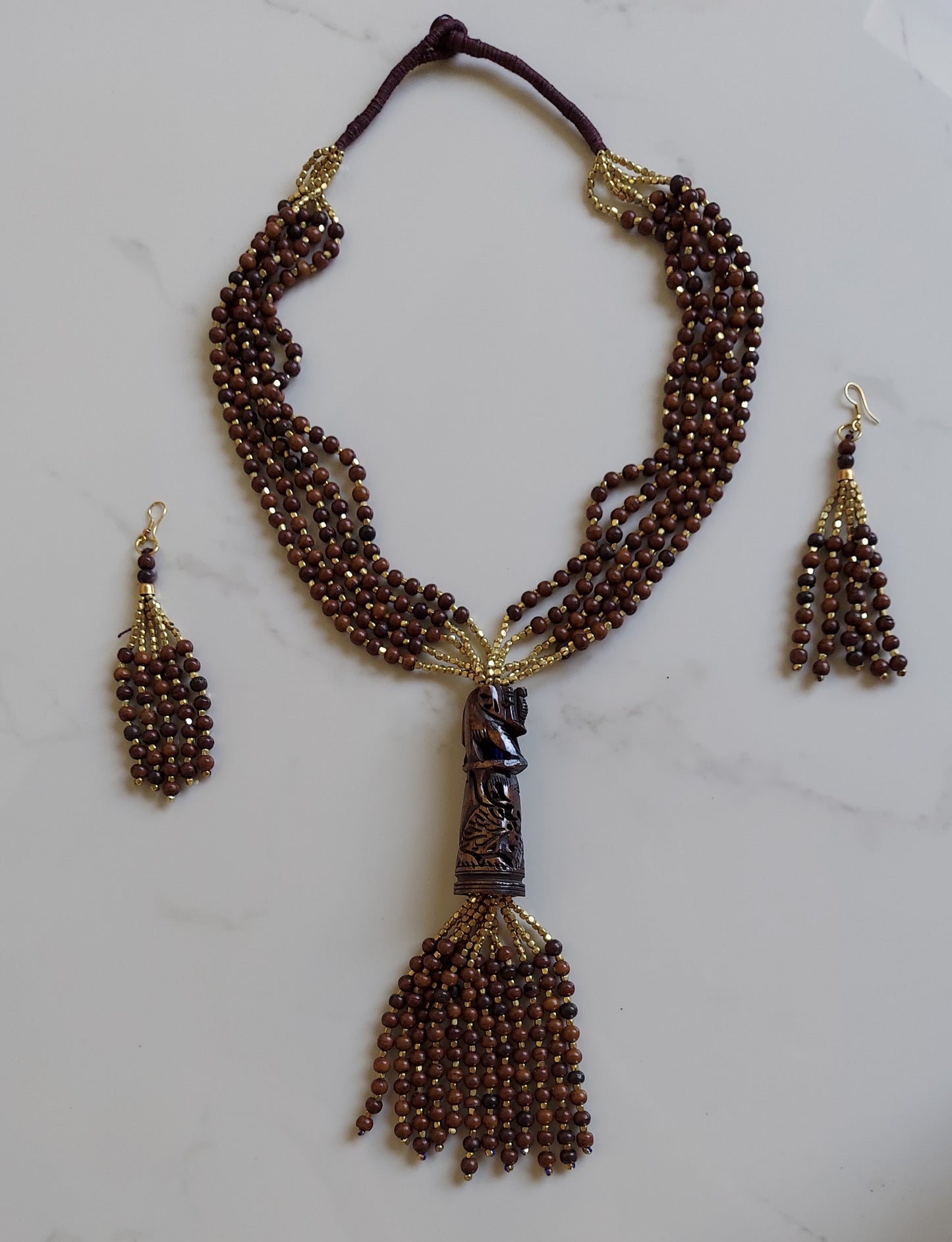Long Layered Beaded Necklace & Earrings Set- Carved Elephant Pendant