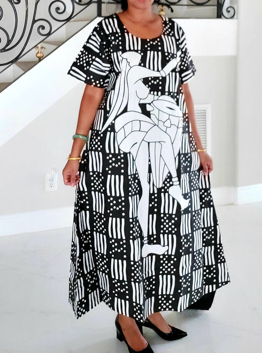 Women African Tribal Print Kaftan Dress - White/ Black-3085