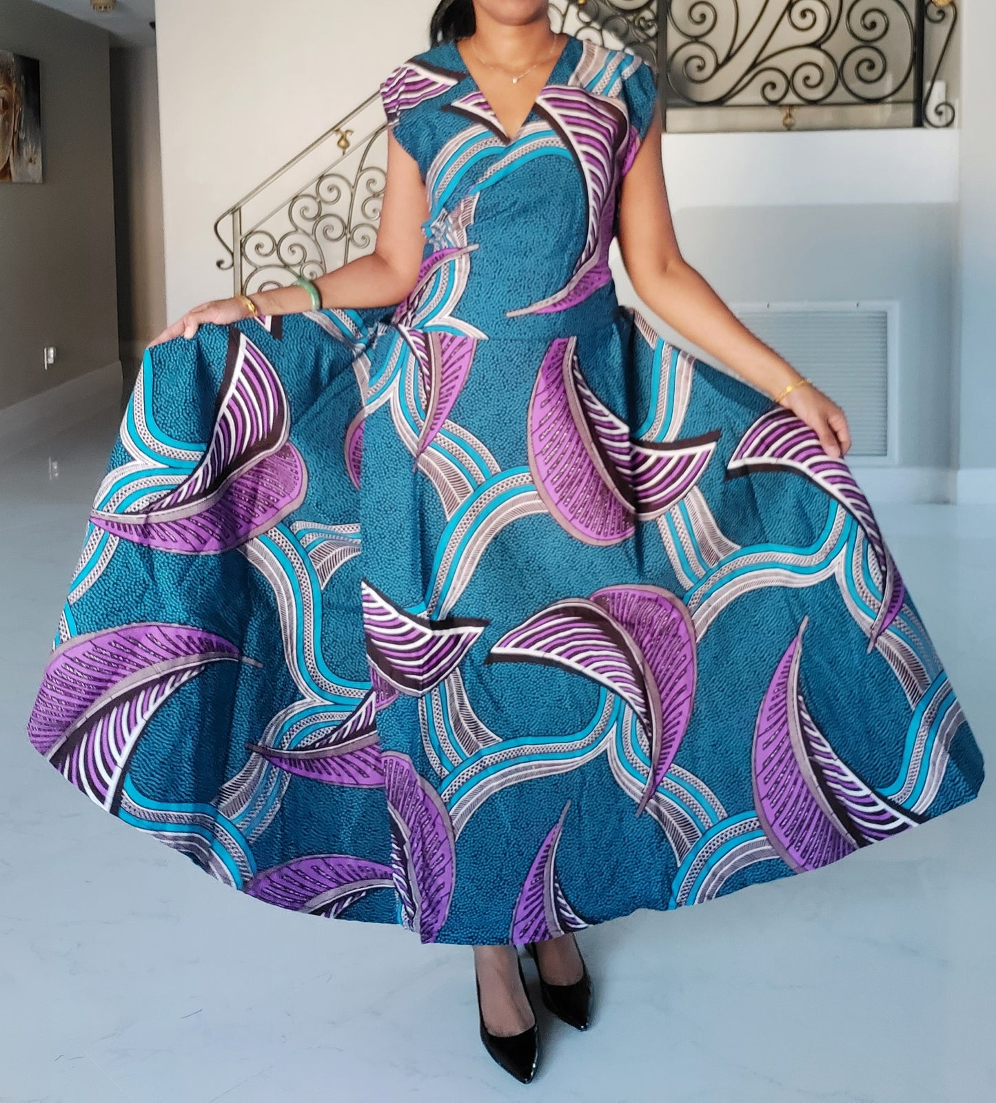 1045- Women Long Printed Wrap Dress