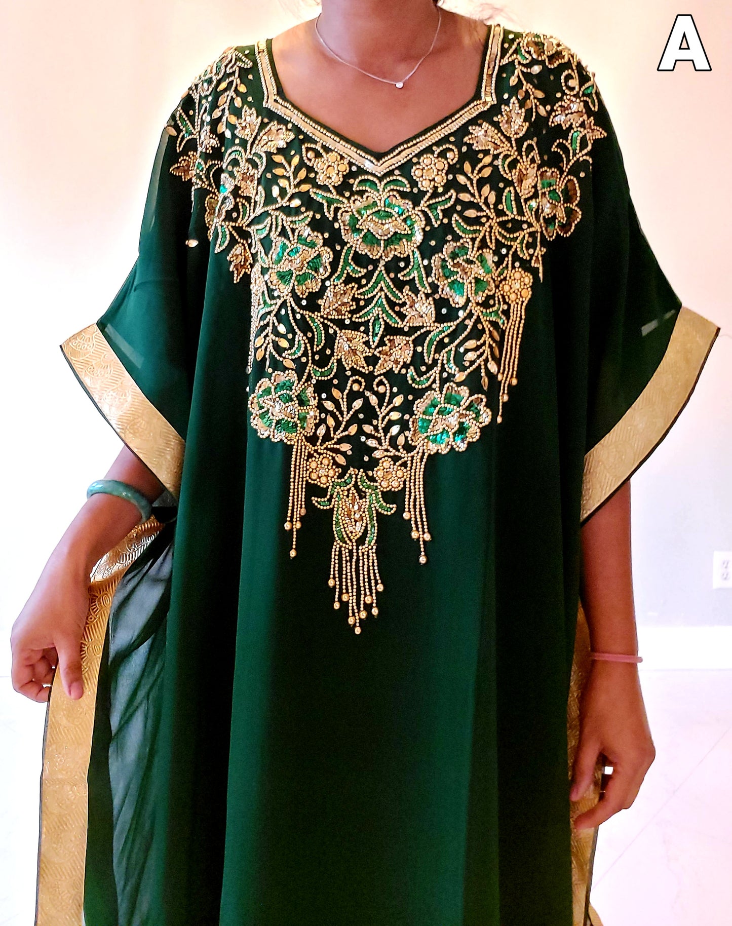 Beaded kaftan Dress With Gold Border - A