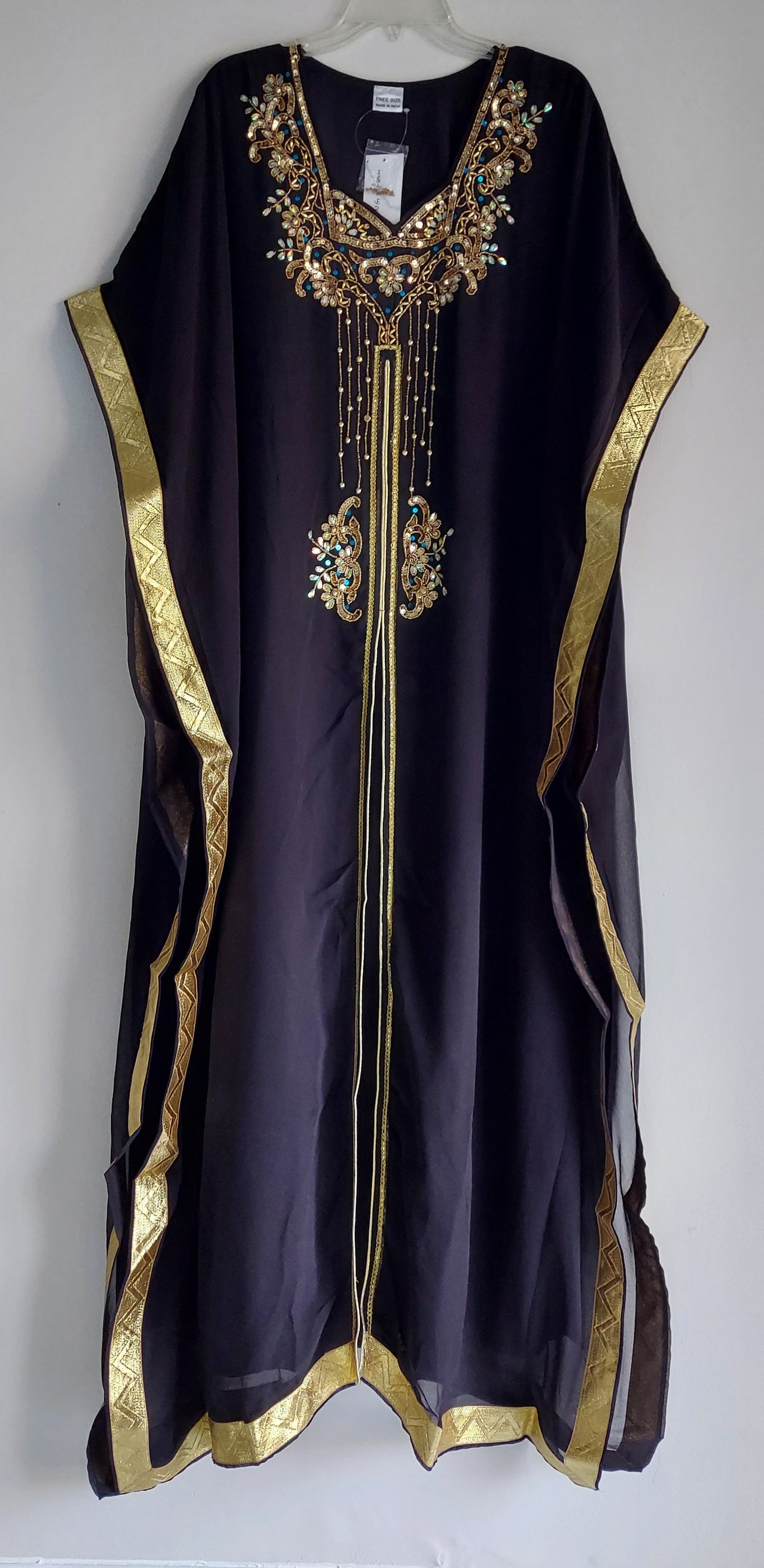 Beaded kaftan Dress With Gold Border- Split Front- Black