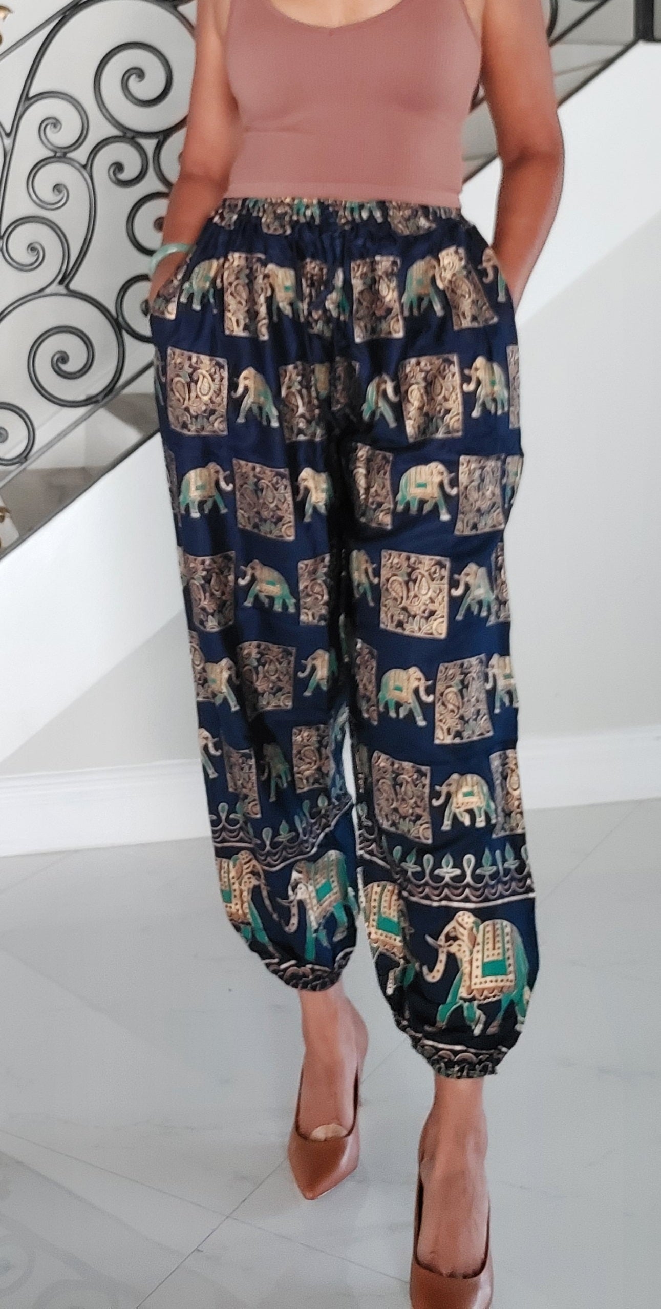Long Harem Yoga Pant/ Embossed Elephant Print
