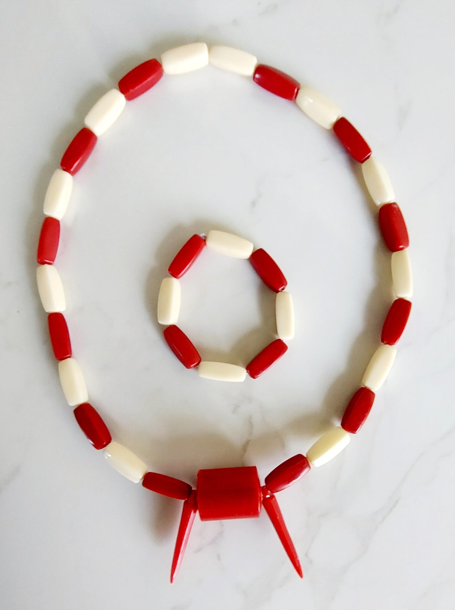 Coral / White Igbo Bead Necklace & Bracelet Set