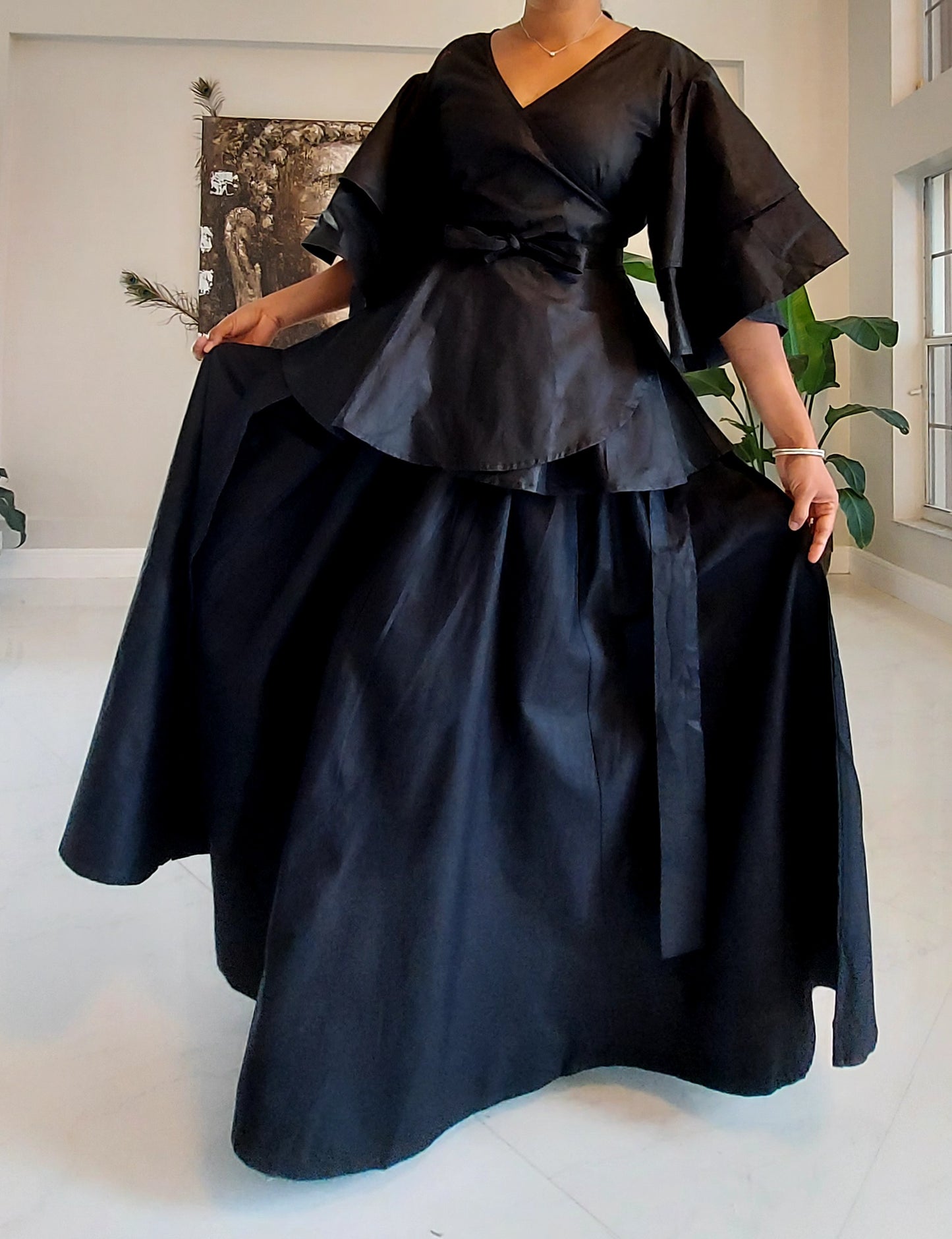 Wrap Blouse & Long Skirt- Black